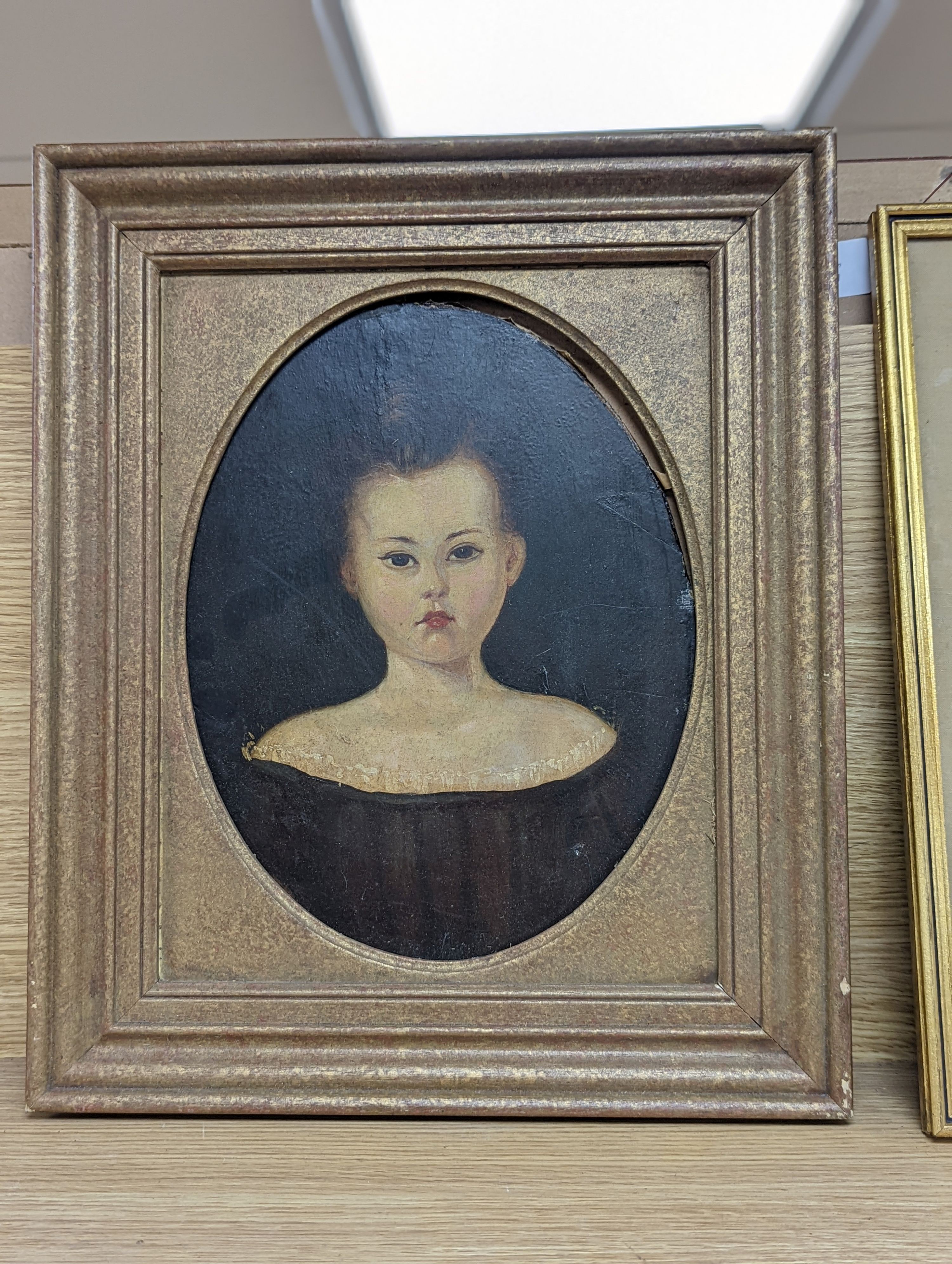 19th century English school, oil on board, Primitive portrait of a girl, 30 x 22cm